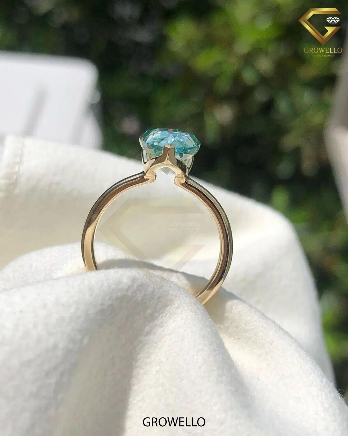 3CT Cyan Blue Pear Cut Solitaire Engagement Ring: Lab Grown Diamond/Moissanite, Solid Gold
