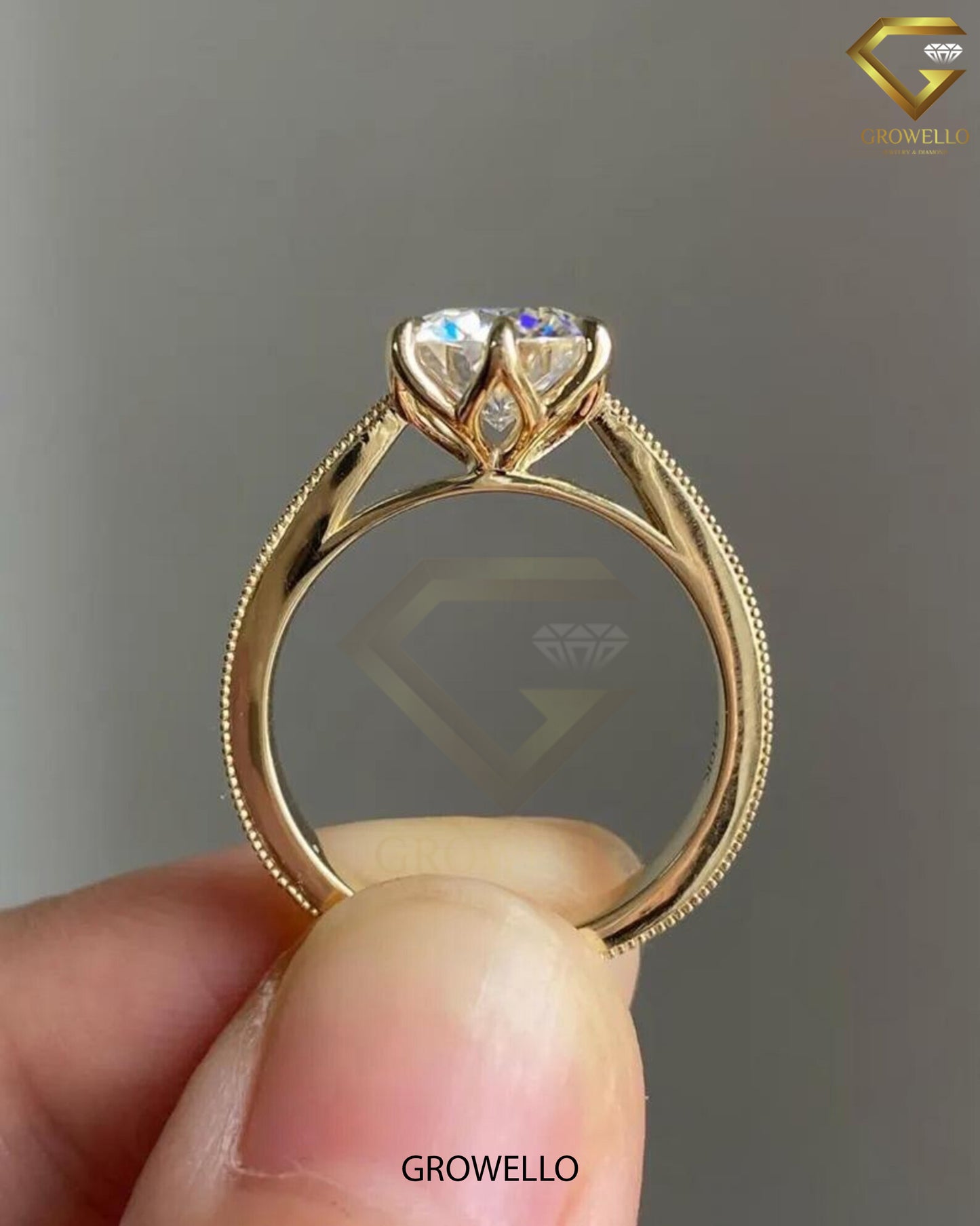 3CT Round Lotus Crown Solitaire Engagement Ring, Engraved Milgrain Band, Solid Gold, Lab-Grown or Moissanite Diamond