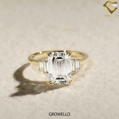 3CT Emerald Cut Engagement Ring, Tapered Baguette Shoulders, Solid Gold, Lab-Grown or Moissanite Diamond