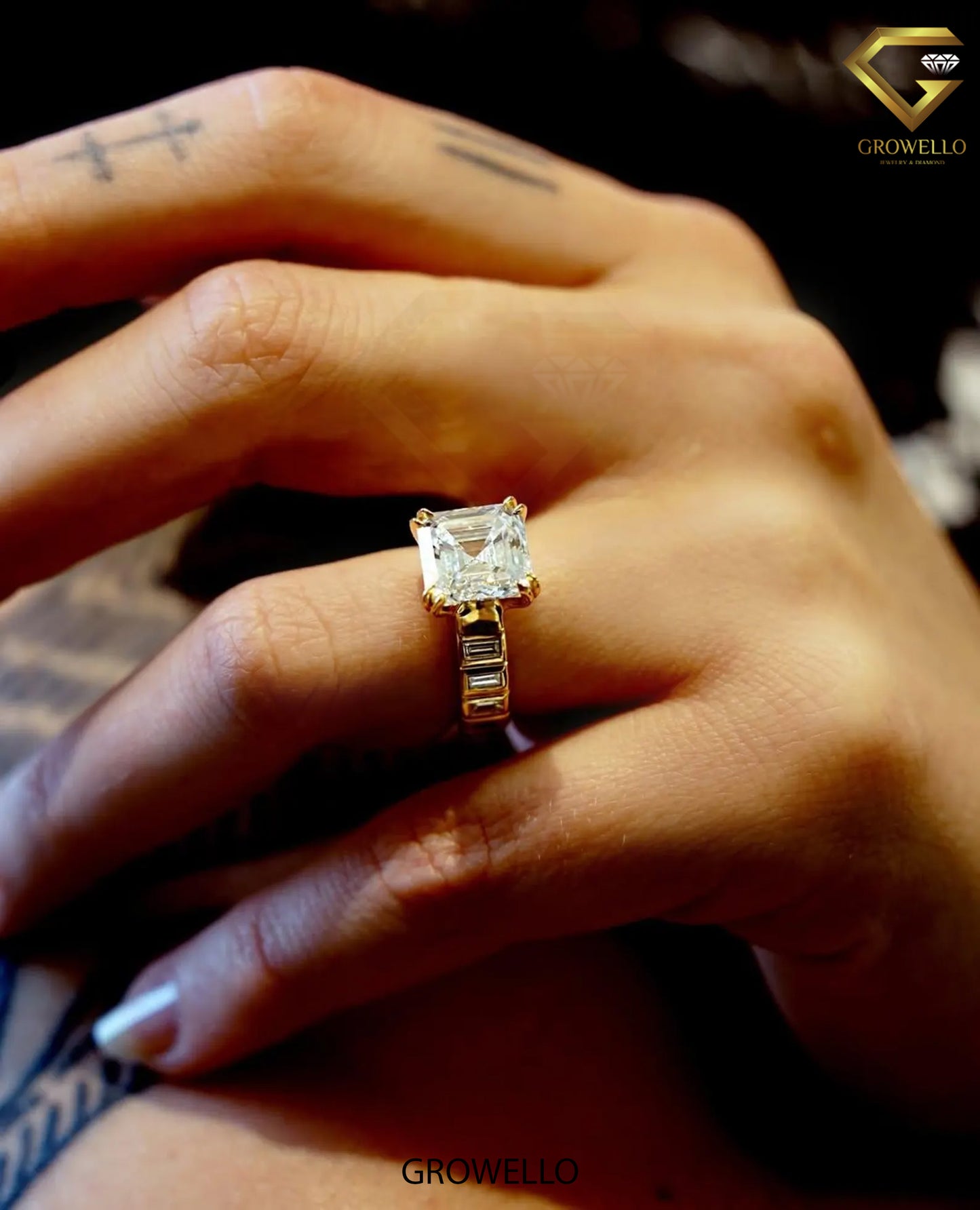 3CT Asscher Cut Engagement Ring, Art Deco Baguette Band, Solid Gold, Lab-Grown & Moissanite Diamond