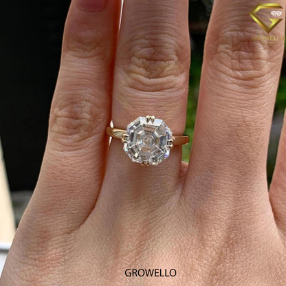 3CT Asscher Solitaire Engagement Ring, Buttercup Crown, Solid Gold, Lab-Grown or Moissanite Diamond