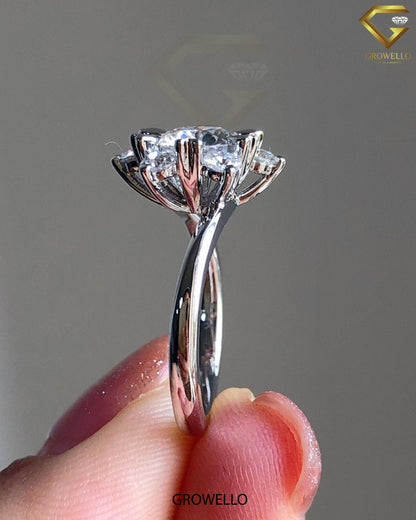 2CT Round Snowflake Halo Engagement Ring, Starburst Cluster, Solid Gold, Lab-Grown or Moissanite Diamond