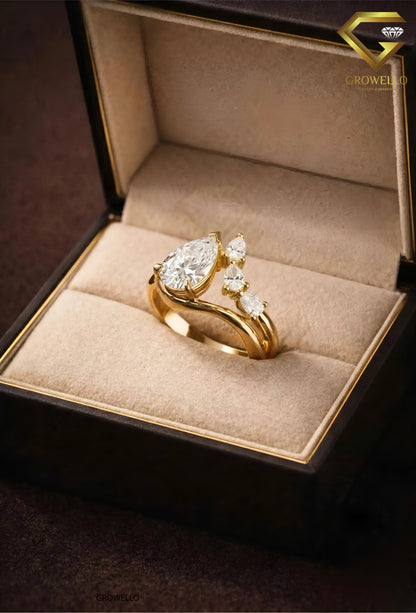 2 CT Pear Bypass Engagement Ring, 3 Stone Cluster, Solid Gold, IGI Lab Diamond/Moissanite