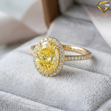 4 CT Yellow Oval Halo Engagement Ring, Pave Band, Solid Gold, IGI Lab Grown Diamond or Moissanite