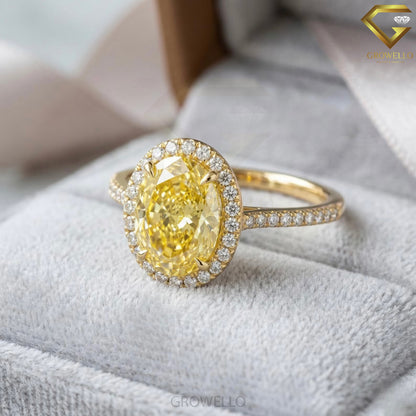 4 CT Yellow Oval Halo Engagement Ring, Pave Band, Solid Gold, IGI Lab Grown Diamond or Moissanite