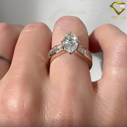 3 CT Marquise Baguette Engagement Ring, Tapered Band, Solid Gold, Lab Grown Diamond or Moissanite