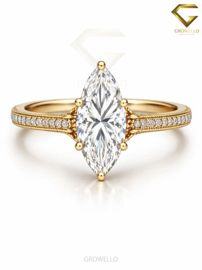 3 CT Marquise Engagement Ring, Vintage Milgrain, Solid Gold, IGI Lab Diamond or Moissanite