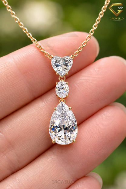 Heart Oval Pear Drop Necklace, 3 Stone Pendant, Solid Gold, Lab Grown Diamond or Moissanite