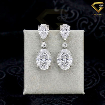 5 CT Oval Drop Earrings, Pear Round Three Stone, Solid Gold, Lab Grown Diamond or Moissanite