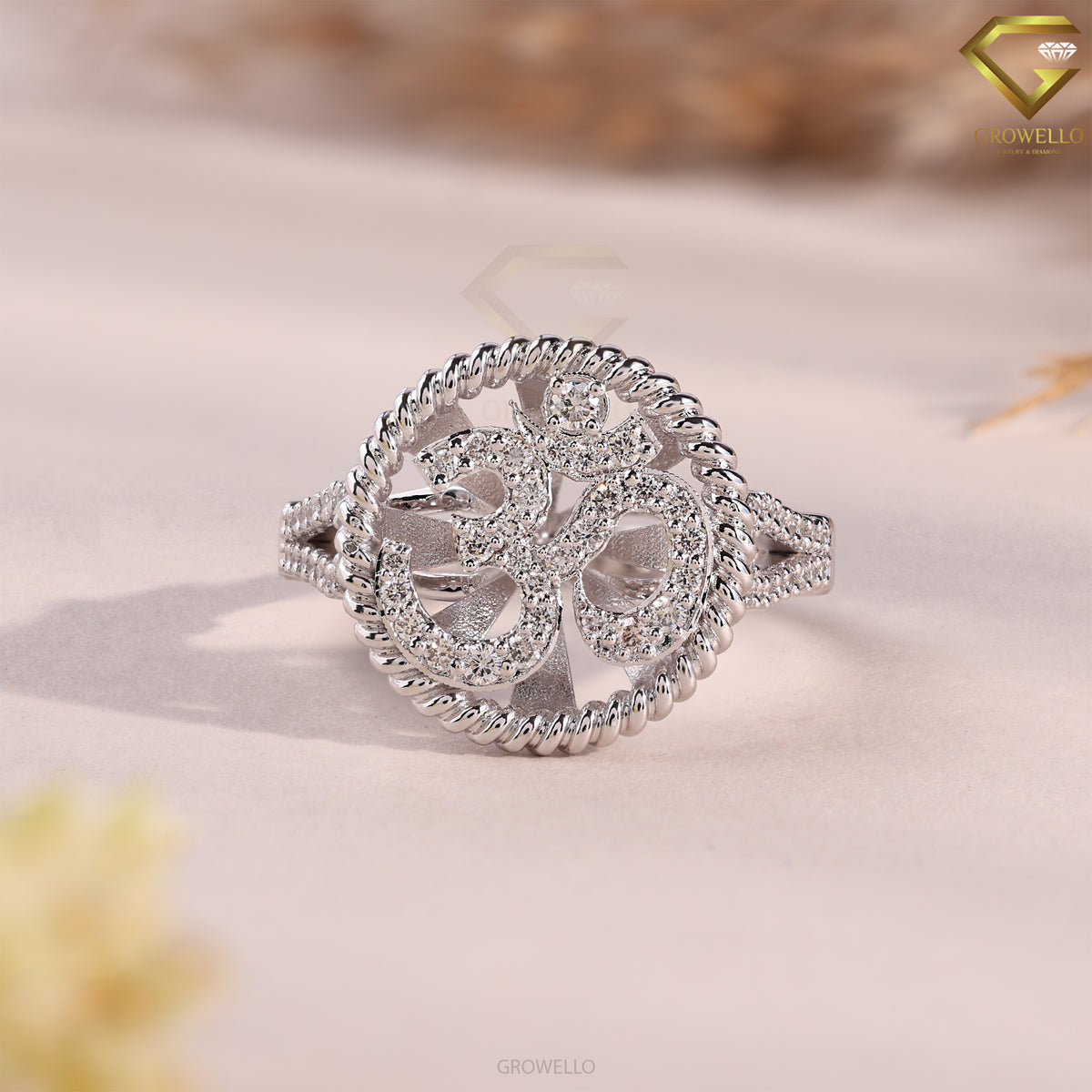 OM Symbol Halo Engagement Ring, Pave Split Shank, Solid Gold, Lab Grown Diamond or Moissanite