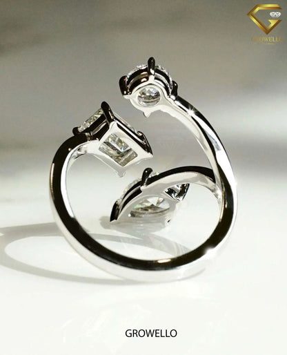 Three Stone Bypass Engagement Ring, Round-Emerald-Pear Diamond, Solid gold, Lab-Grown or Moissanite