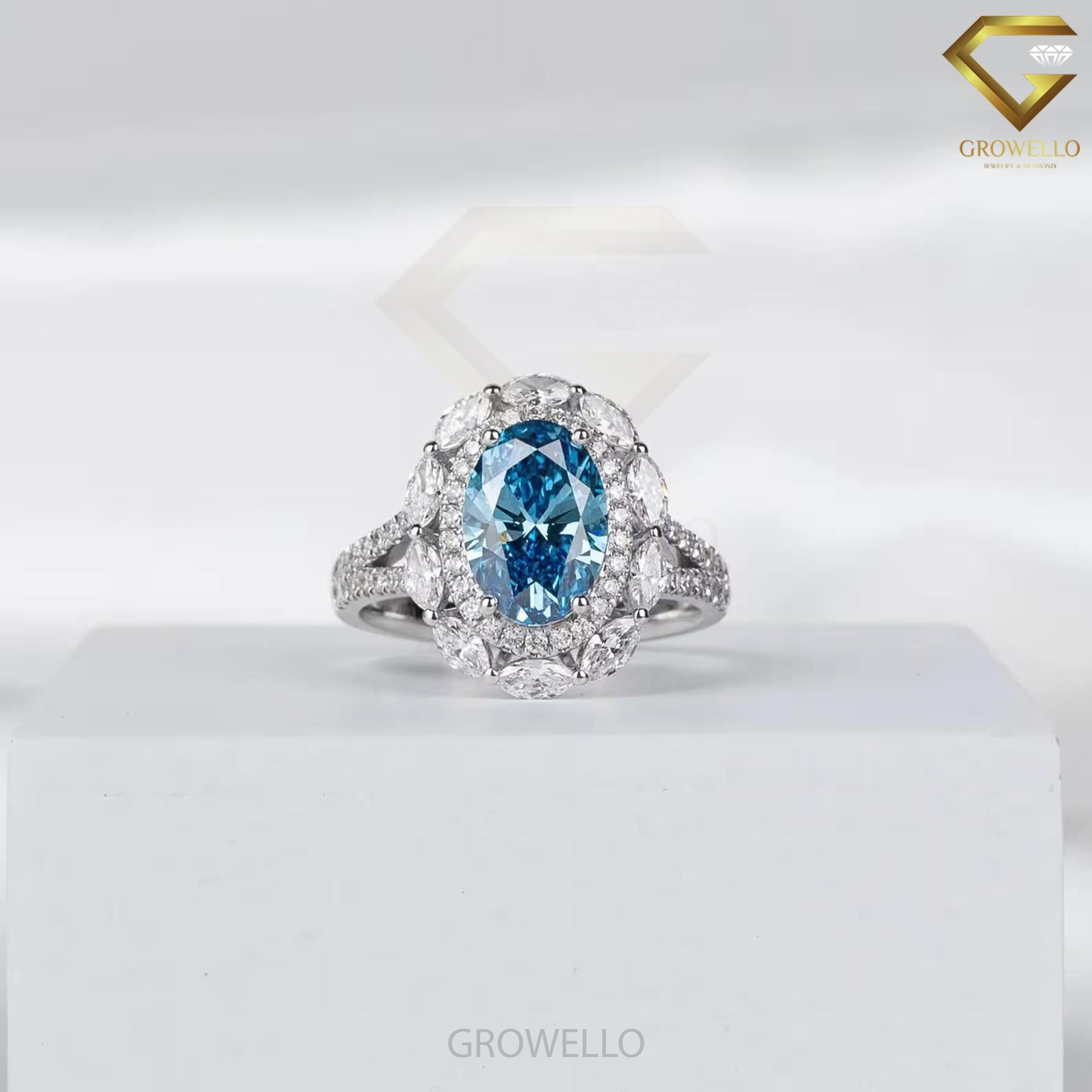 3CT Blue Oval Halo Engagement Ring, Marquise Floral Cluster, Split Pavé Band, Lab Diamond or Moissanite