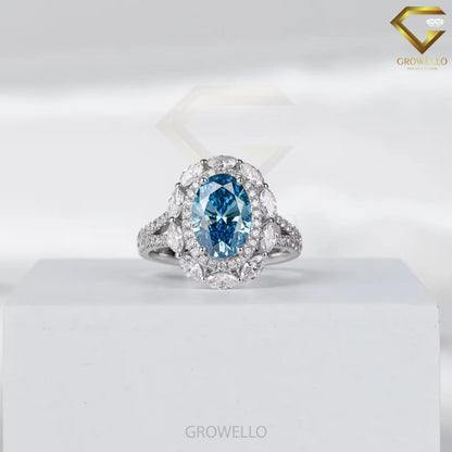 3CT Blue Oval Halo Engagement Ring, Marquise Floral Cluster, Split Pavé Band, Lab Diamond or Moissanite
