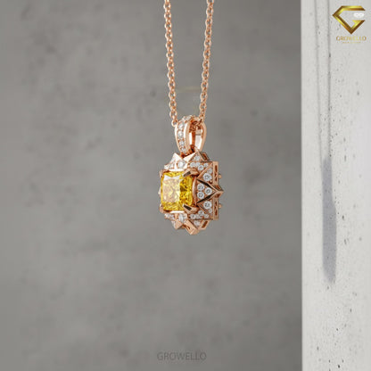 2CT Yellow Princess Cut Starburst Halo Pendant, Art Deco Geometric Necklace, Solid Gold, Lab-Grown Diamond or Moissanite