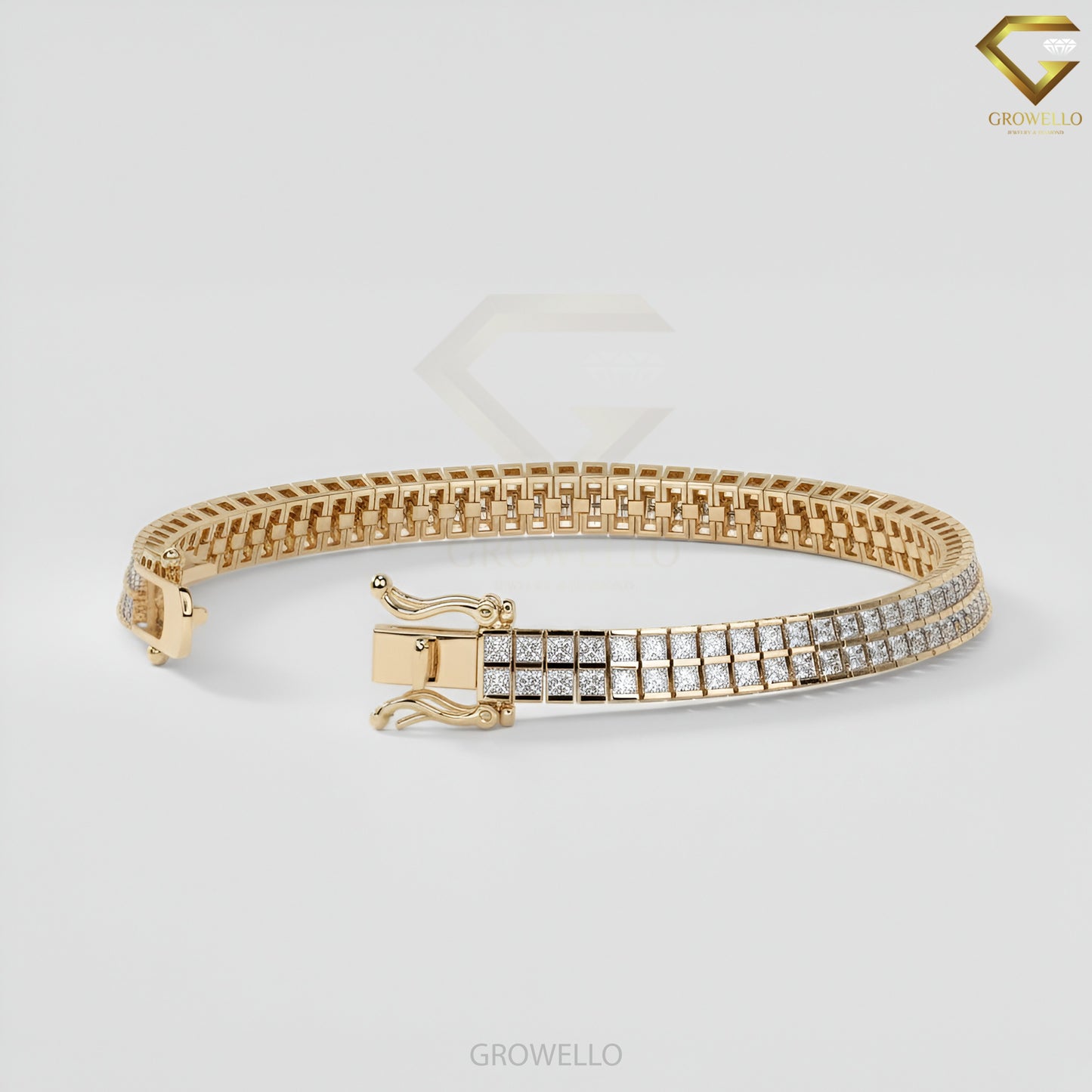 Princess Cut 3MM Diamond Tennis Bracelet, Double Row Grid Link, Solid Gold, Lab-Grown Diamond or Moissanite