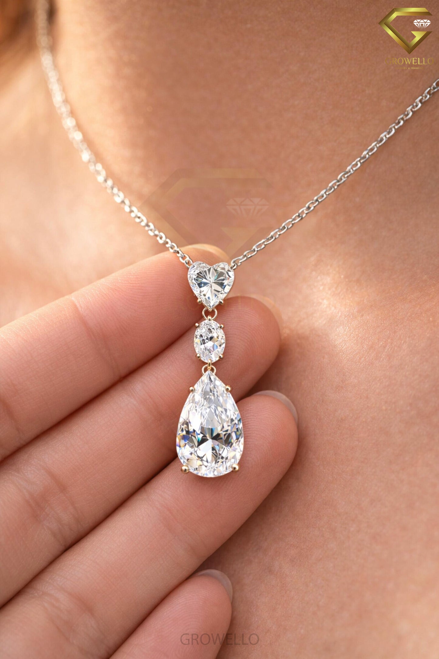 Heart Oval Pear Drop Necklace, 3 Stone Pendant, Solid Gold, Lab Grown Diamond or Moissanite