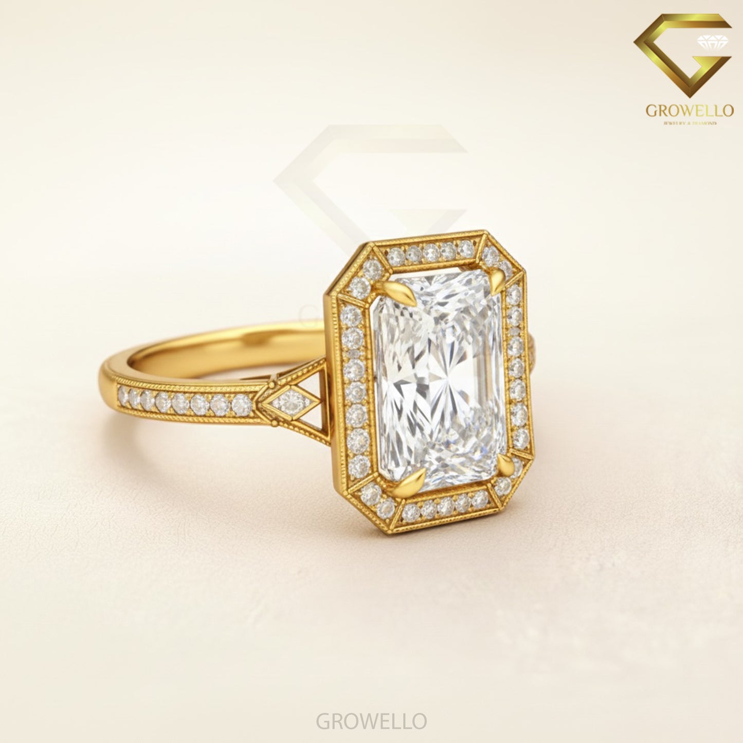 3 CT Radiant Engagement Ring, Art Deco Halo, Pave-Band, IGI Lab Diamond or Moissanite