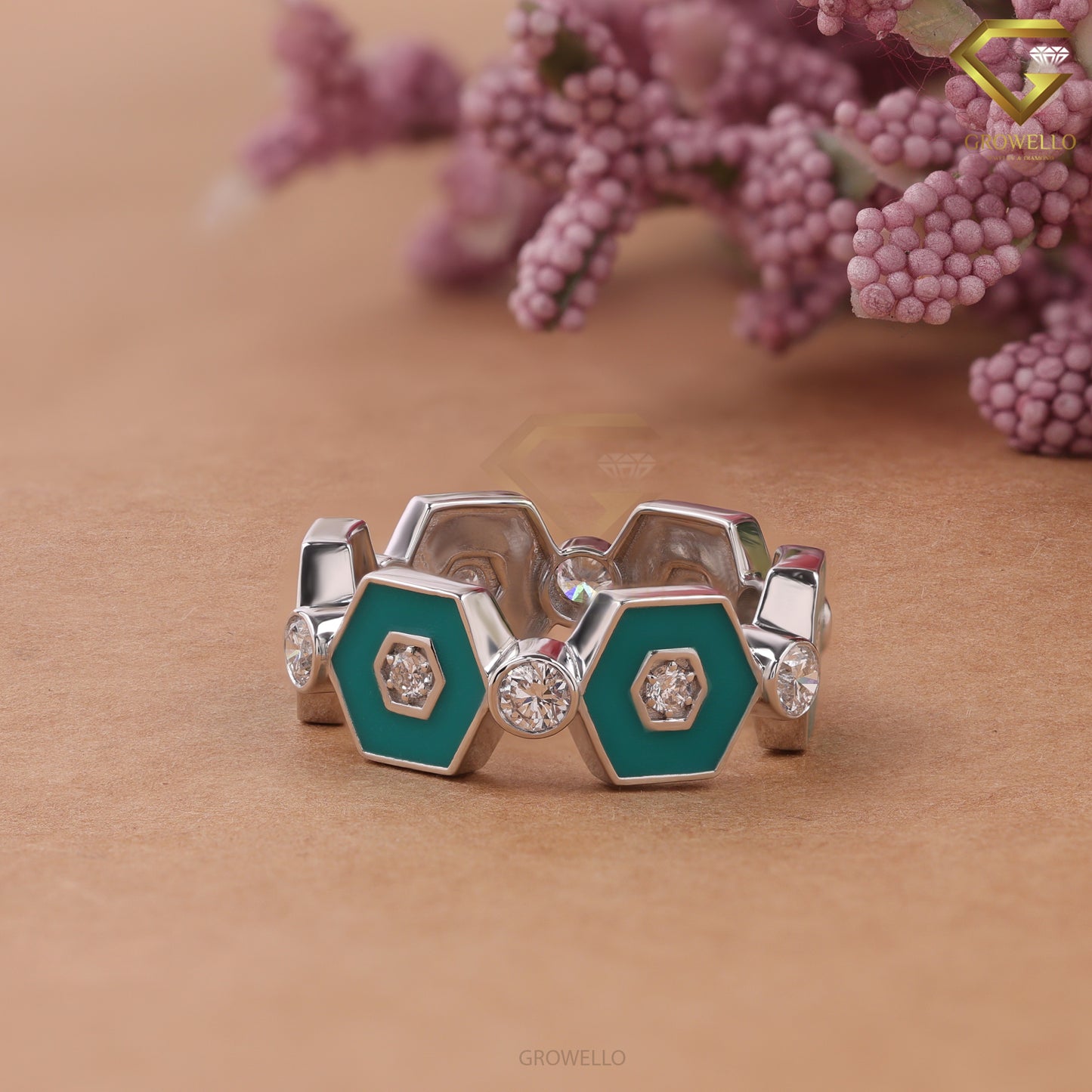 Turquoise Enamel Hexagon Diamond Ring, Geometric Designer Band, Lab Grown Diamond or Moissanite