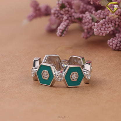 Turquoise Enamel Hexagon Diamond Ring, Geometric Designer Band, Lab Grown Diamond or Moissanite