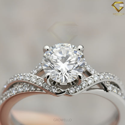 2CT Round Crossover Engagement Ring, Pavé Twisted Band, Solid Gold, Lab-Grown Diamond or Moissanite