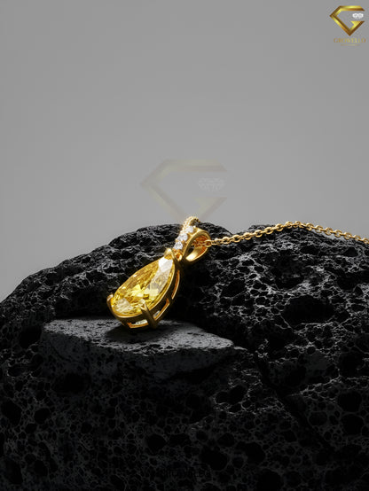 5CT Yellow Pear Diamond Pendant Necklace, Vintage Drop, Solid Gold, Lab Grown Diamond or Moissanite