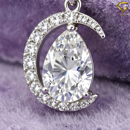 5CT Pear Cut Vintage Crescent Halo Pendant Necklace, Asymmetrical Wrap, Solid Gold, Lab-Grown Diamond or Moissanite