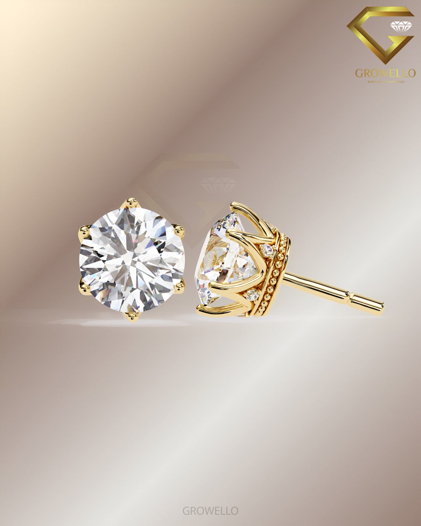 3CT Round Diamond Stud Earrings, Crown Six Prong Solitaire, Elegant Luxury, IGI Lab Grown Diamond or Moissanite