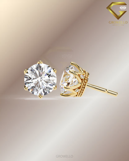 3CT Round Diamond Stud Earrings, Crown Six Prong Solitaire, Elegant Luxury, IGI Lab Grown Diamond or Moissanite