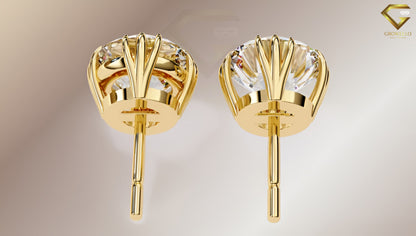 3CT Each Round Diamond Crown Stud Earrings, Split 4 Prong Basket Solitaire, Lab Grown Diamond or Moissanite, Solid Gold