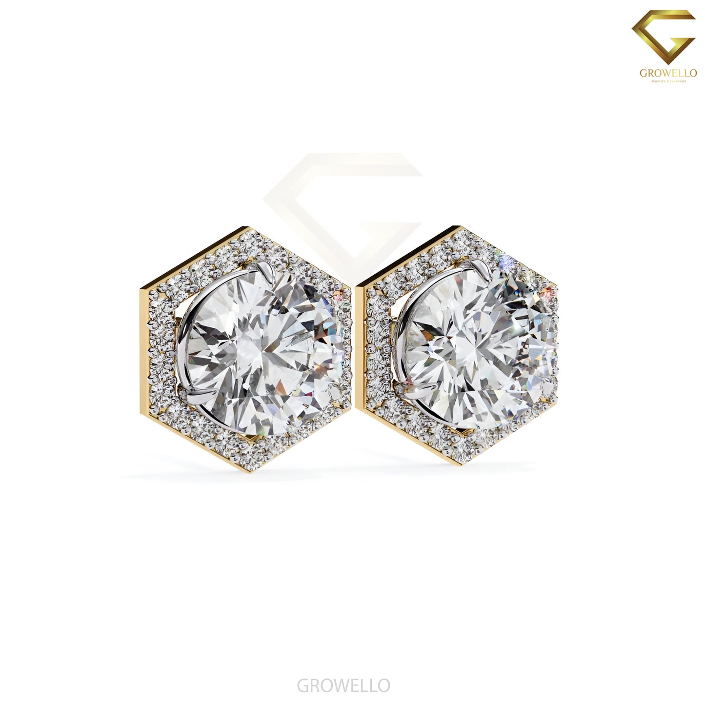 2CT Round Diamond Hexagon Halo Stud Earrings, Geometric Luxury Studs in Solid Gold, Lab Grown Diamond or Moissanite