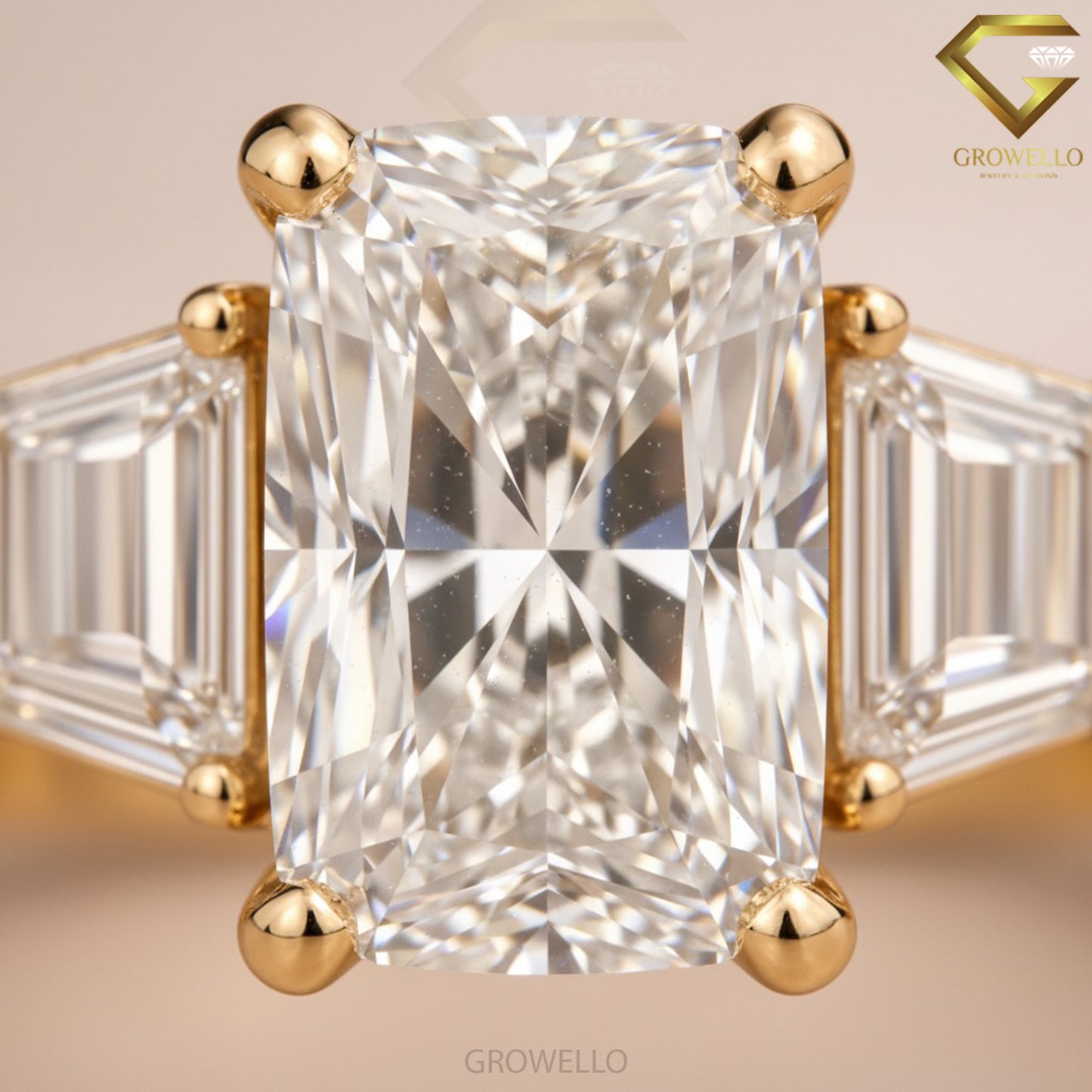 3 CT Radiant Cut Trapezoid Side Stone Engagement Ring, Solid Gold, IGI Lab Diamond or Moissanite
