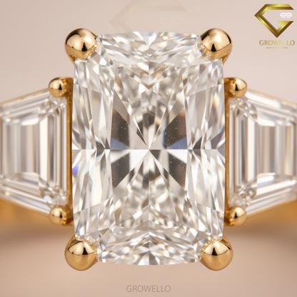 3 CT Radiant Cut Trapezoid Side Stone Engagement Ring, Solid Gold, IGI Lab Diamond or Moissanite