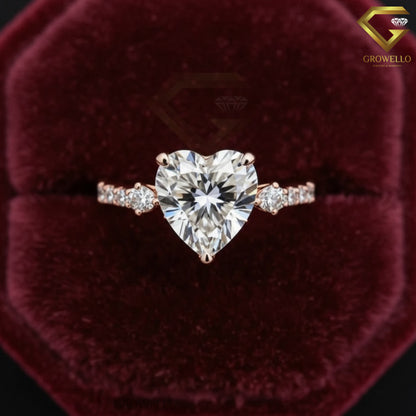 3CT Heart Cut Three Stone Engagement Ring, Vintage Tapered Band, Solid Gold, IGI Lab Grown Diamond or Moissanite
