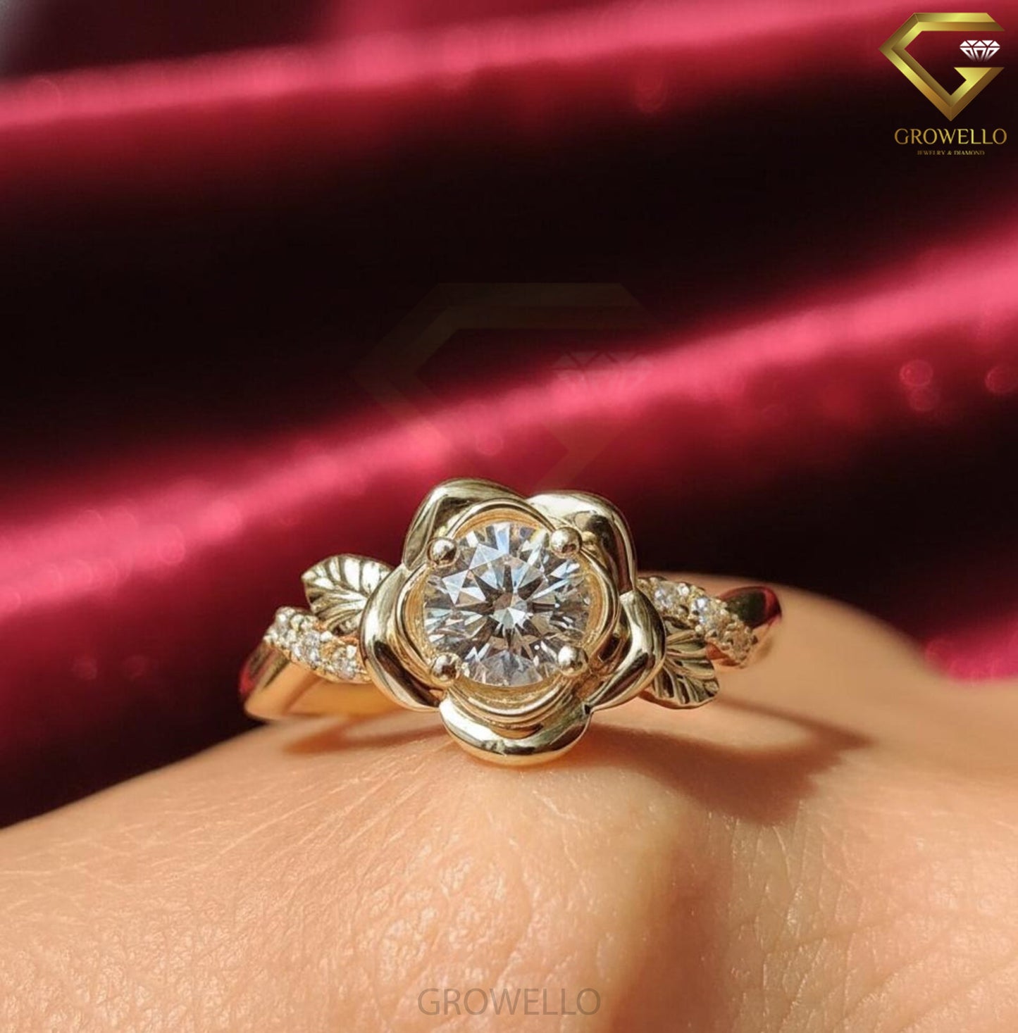 Rose Flower Diamond Engagement Ring, Floral Leaf Vine Botanical Design, IGI Lab Diamond or Moissanite