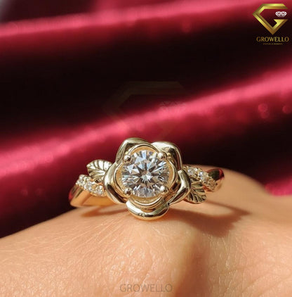 Rose Flower Diamond Engagement Ring, Floral Leaf Vine Botanical Design, IGI Lab Diamond or Moissanite