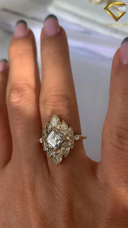 3CT Asscher Halo Engagement Ring, Vintage Marquise Cluster, Solid Gold, Lab Grown Diamond or Moissanite
