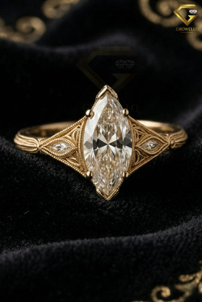 3 CT Marquise Vintage Filigree Engagement Ring, Art Deco Antique Style, Solid Gold, Lab Diamond or Moissanite