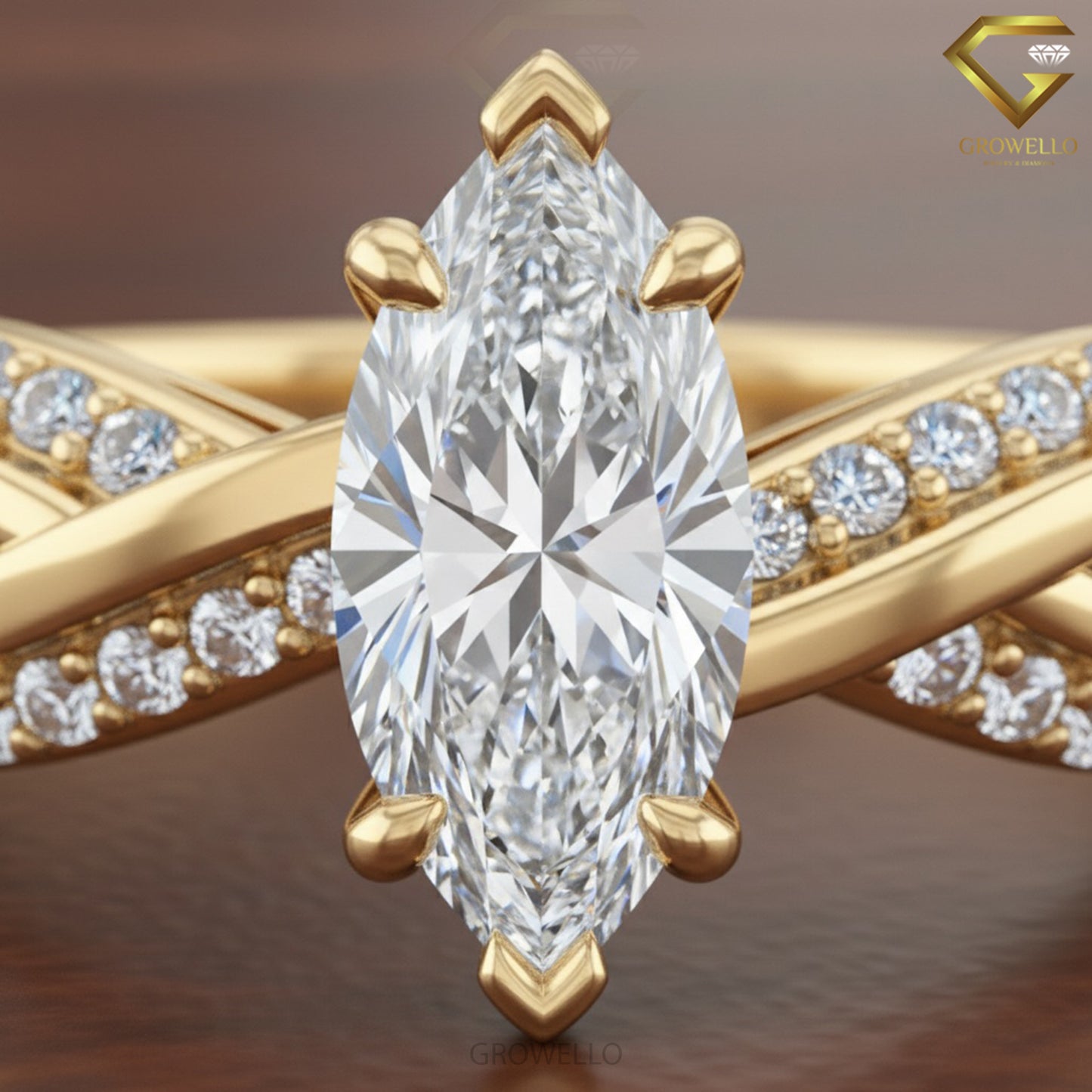 3 CT Marquise Solitaire Twisted Pavé Infinity Band, Solid Gold, Lab diamond or moissanite