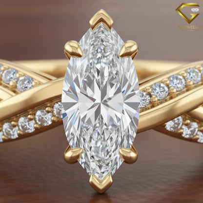 3 CT Marquise Solitaire Twisted Pavé Infinity Band, Solid Gold, Lab diamond or moissanite