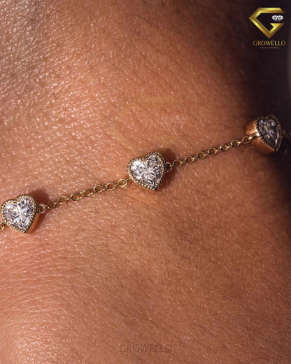 5mm Heart Cut Diamond Bracelet, Five Stone Solid Gold Bracelet, Lab Grown or Moissanite