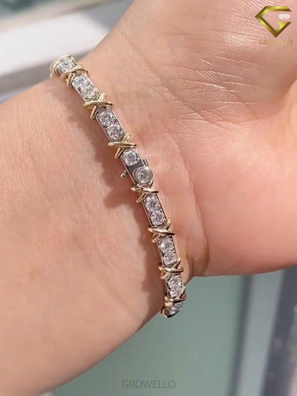 Round Diamond Link Bracelet, X Wrap Design, Solid Gold, Lab Grown or Moissanite