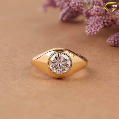 3CT Round Bezel Signet Engagement Ring, Bold Gold Statement Ring, Lab Grown Diamond or Moissanite