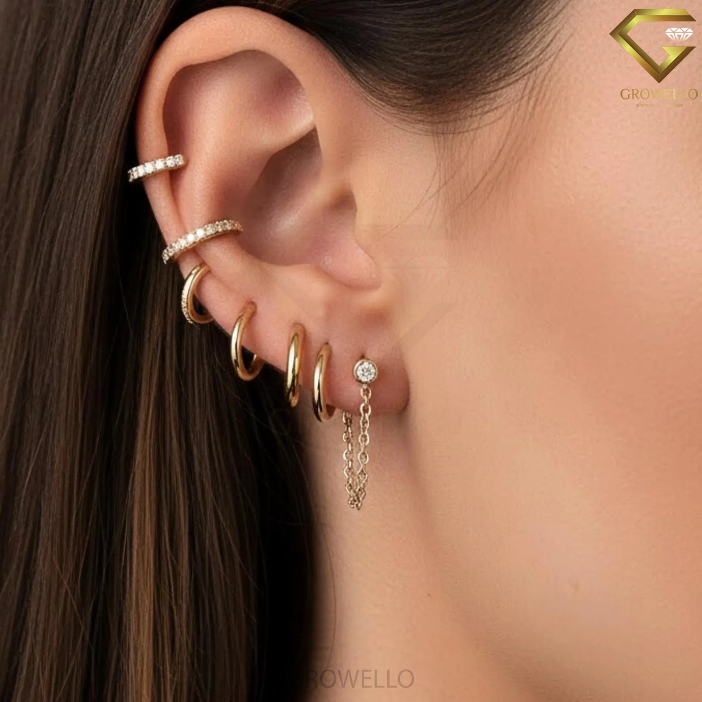 Round Bezel Diamond Chain Drop Earrings, Dainty Solid Gold Studs, Lab-Grown Diamond or Moissanite
