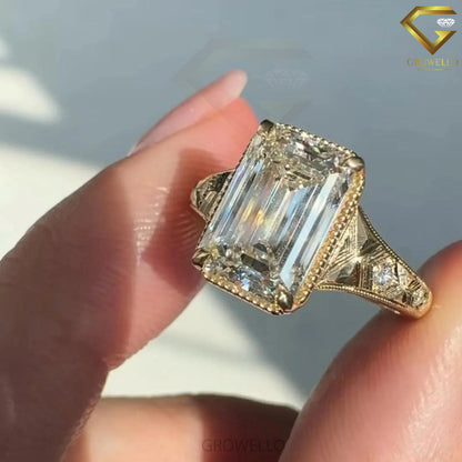 5 CT Emerald Cut Vintage Engraved Engagement Ring, Antique Style, Lab Diamond or Moissanite