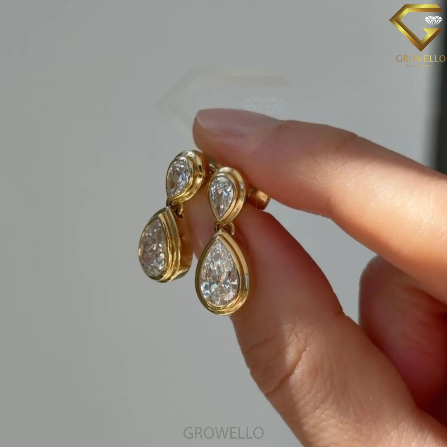 Pear Cut Bezel Drop Earrings, Luxury Dangle, Solid Gold, Lab Grown Diamond or Moissanite