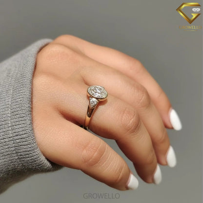 3CT Oval Three Stone Engagement Ring, Trillion Side Diamonds, Bezel Set, Solid Gold, Lab Grown Diamond or Moissanite