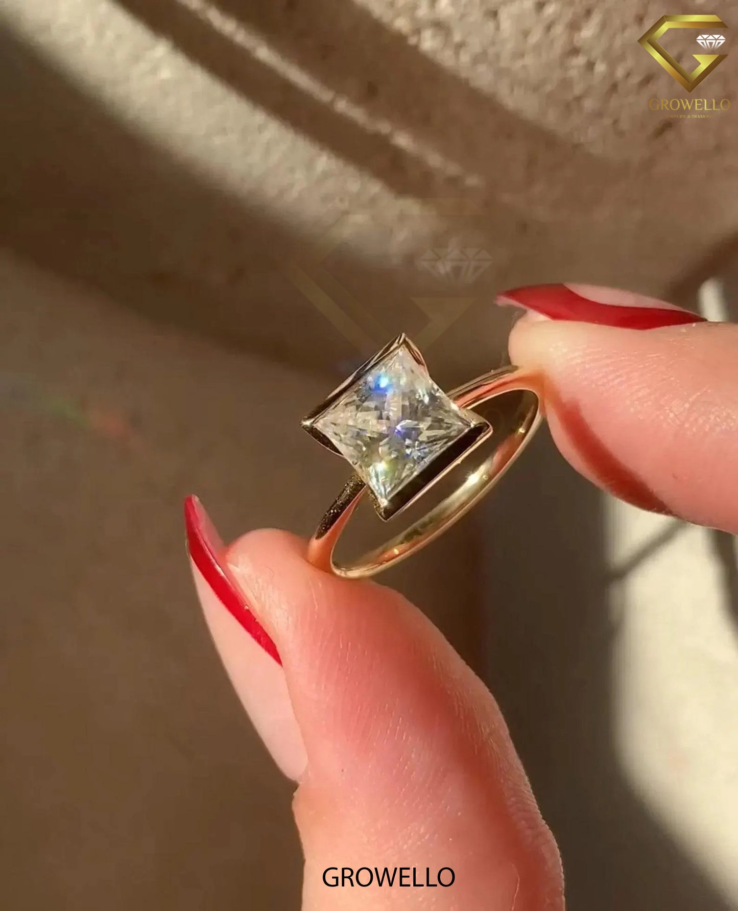 2CT Princess Half-Bezel Engagement Ring, Low-Profile Modern Square, Solid gold, Lab-Grown or Moissanite Diamond