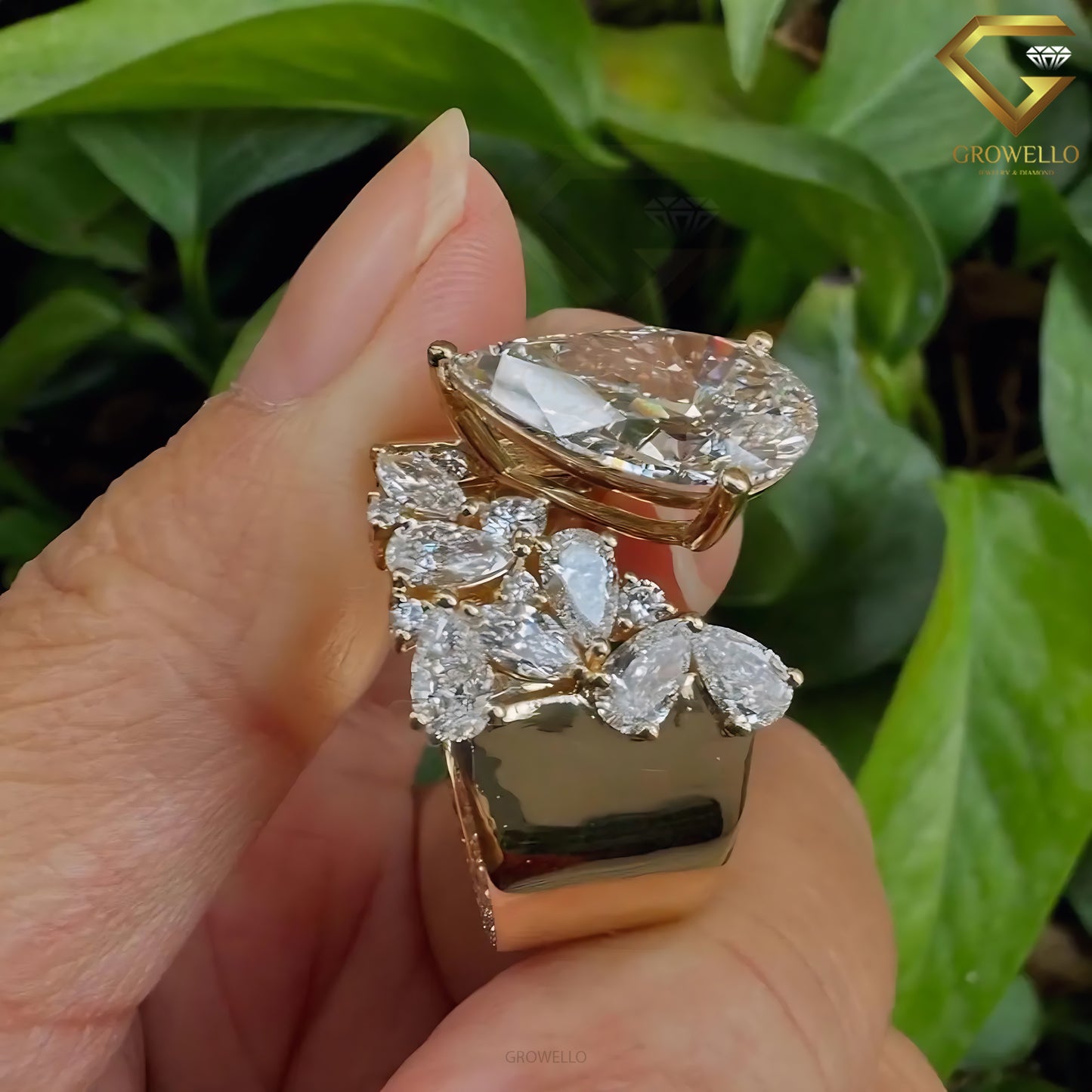 7CT Pear Cut Open Ring, Bold Statement Engagement Ring, Solid Gold, Lab Grown or Moissanite Diamond