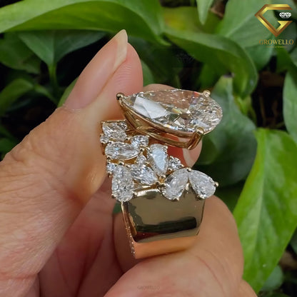 7CT Pear Cut Open Ring, Bold Statement Engagement Ring, Solid Gold, Lab Grown or Moissanite Diamond