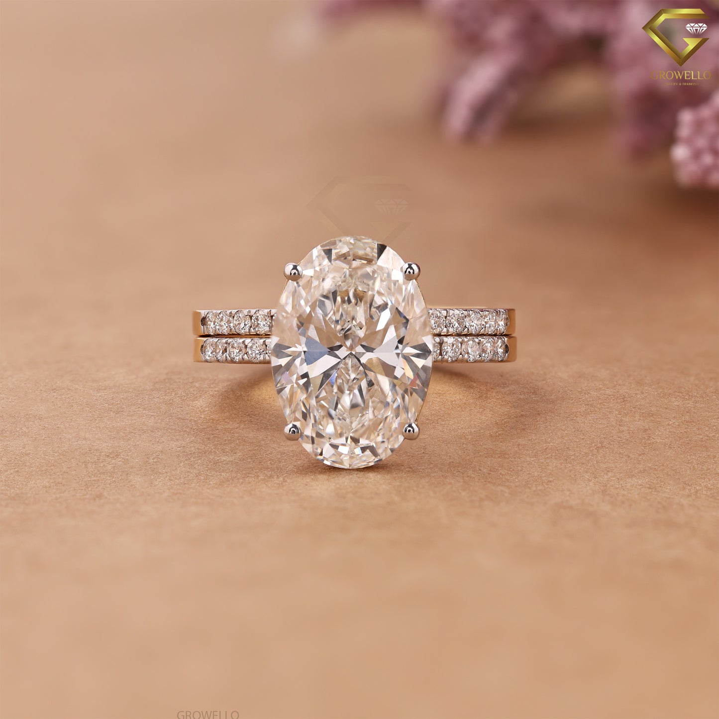 5CT Oval Diamond Engagement Ring, Double Wedding Band, Solid Gold, Lab Grown or Moissanite